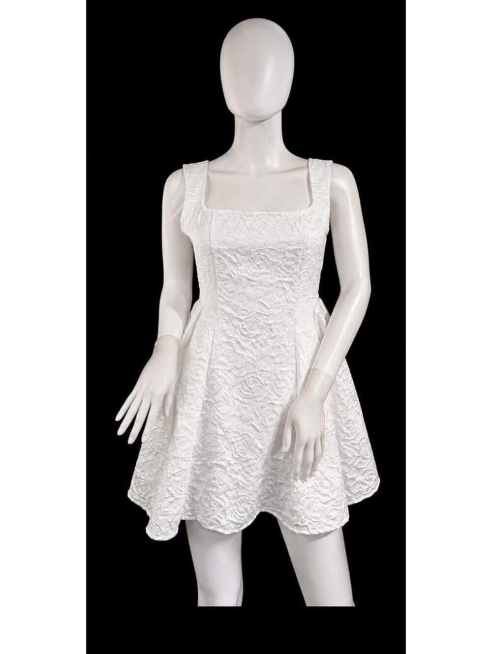 White Textured Floral Sleeveless Fit and Flare Mini Dress with Square Neckline M